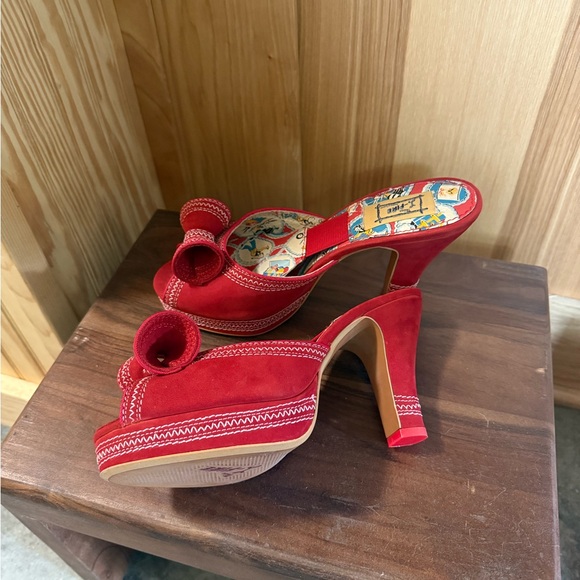Miss L Fire Lola Red Suede Platform Heels with Bow - Picture 4 of 12